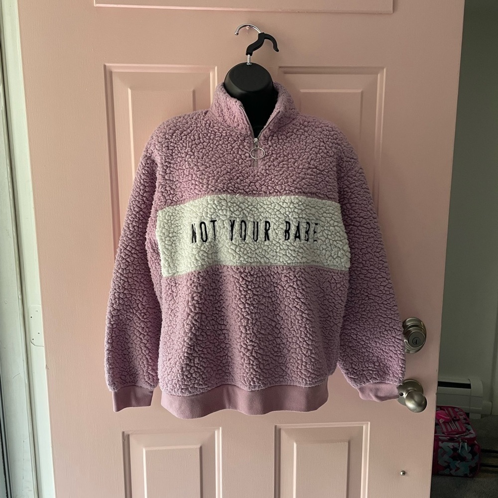 AMP “Not Your Babe” Pink/Purple & White Oversized Fuzzy Sherpa Sweatshirt XS